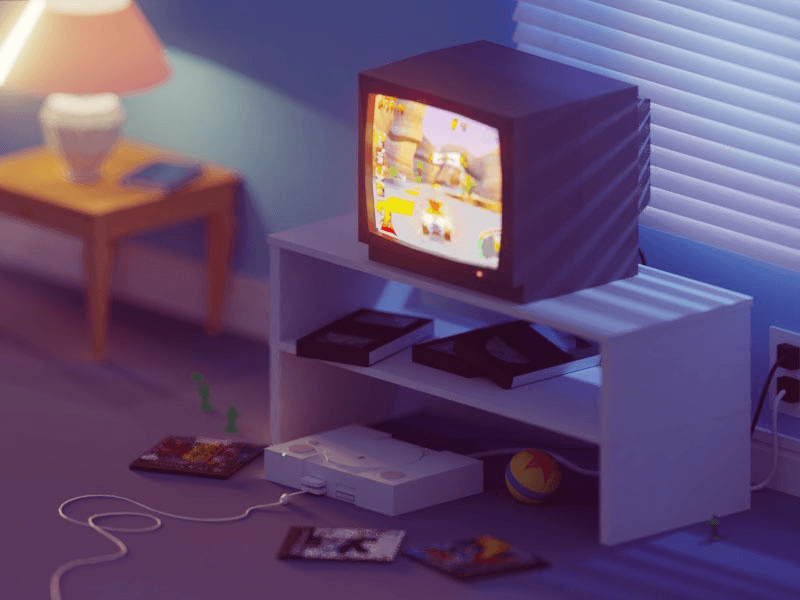 3D Render of a games console and television
